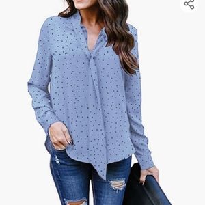 sisiyer Women's Bow Tie Curved Hem Polka Dots Long Sleeve blouse